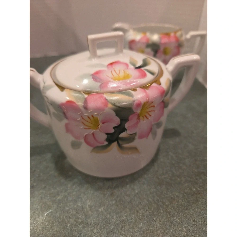Vintage Noritake AZALEA Sugar Bowl w/ Lid & Creamer Hand Painted Pink Flowers